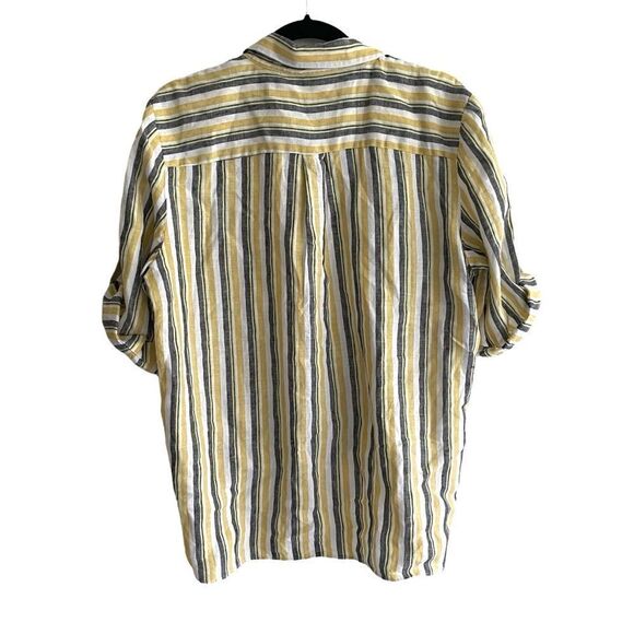 ELLEN TRACY Linen Striped Short Roll Sleeve Tie Front Shirt Blouse Blue Yellow L - Picture 4 of 6